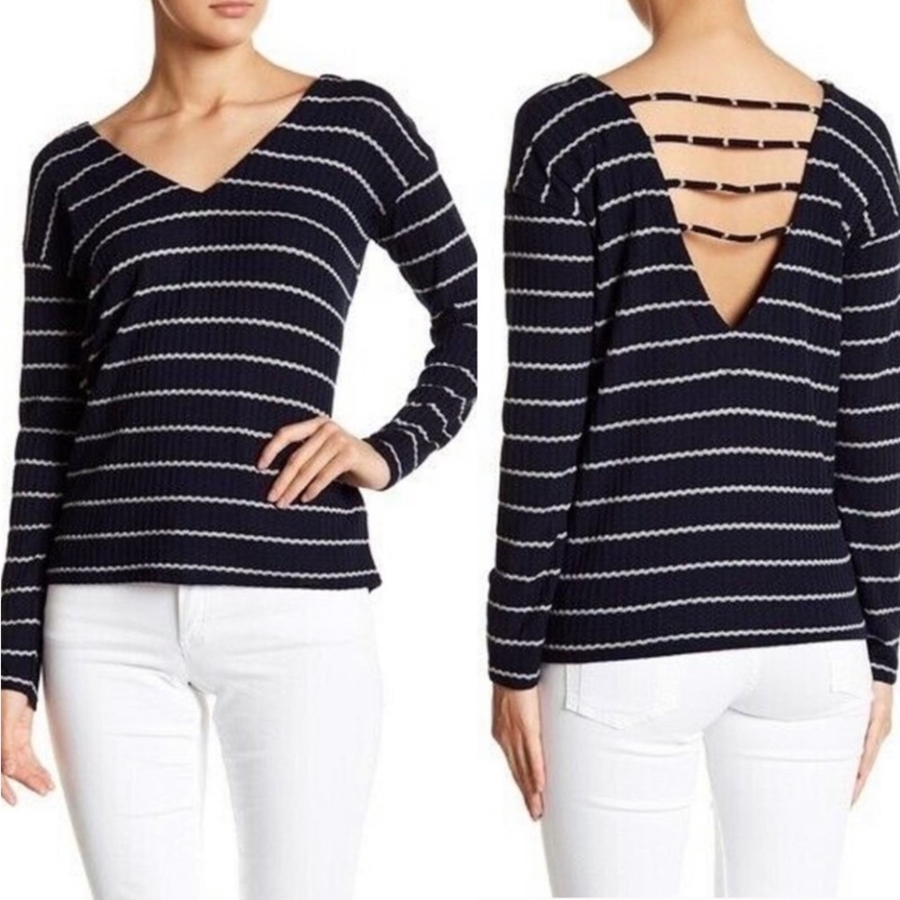 Chaser Jersey Cut Out Back Navy White Stripe Top  Size Medium